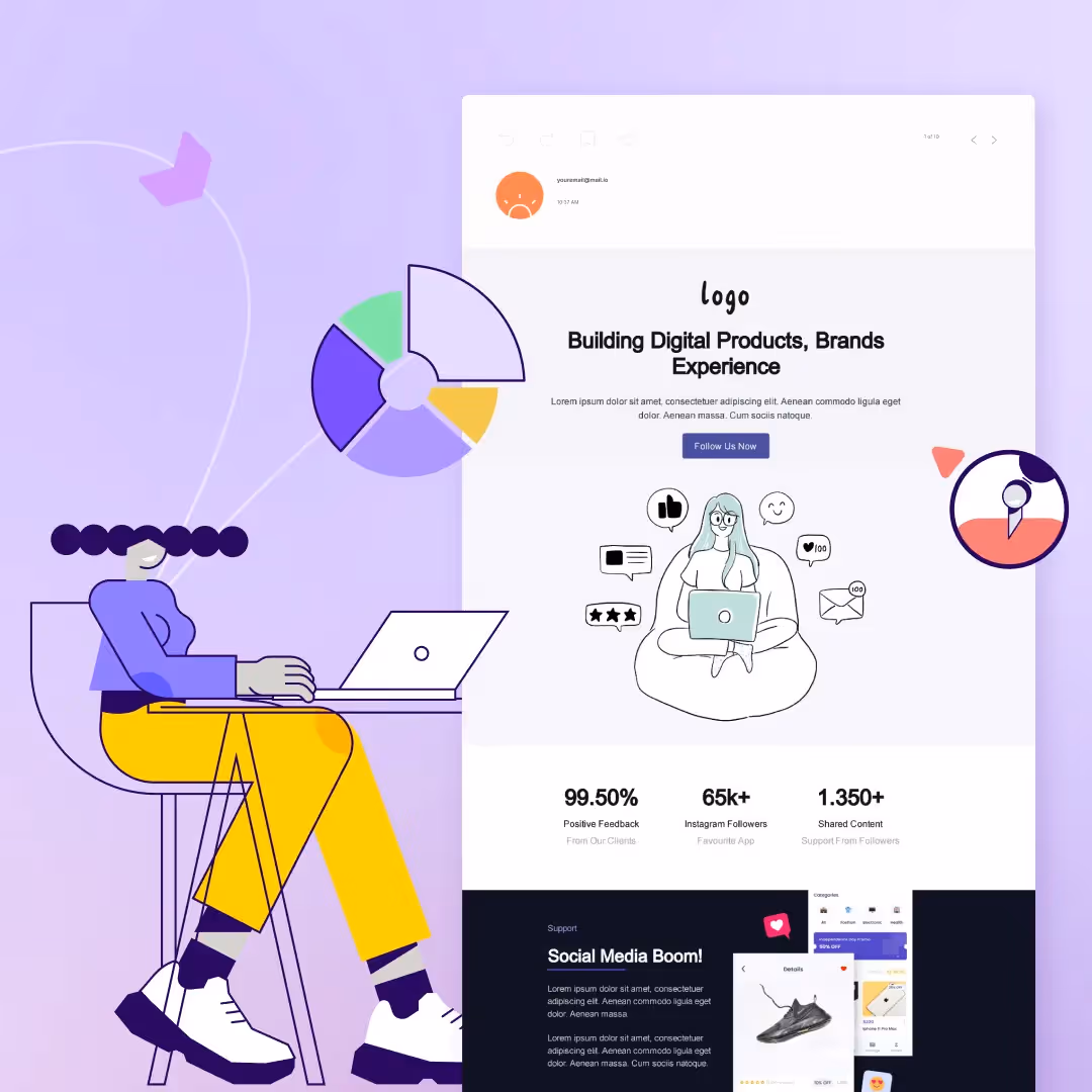 Email design illustration: Person typing at desk next to an email template titled “Building Digital Products & Brands,” with pie chart and engagement icons on a purple background