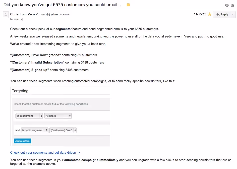 B2B email from Vero with the compelling subject line "did you know you've got 6575 customers you could email" 