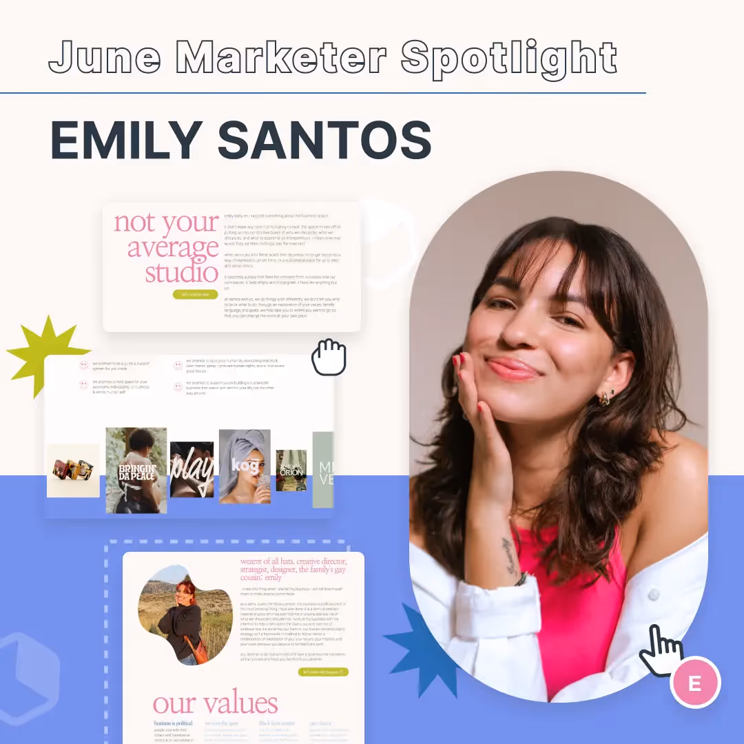 June Marketer Spotlight featuring Emily Santos with photos and marketing values displayed.