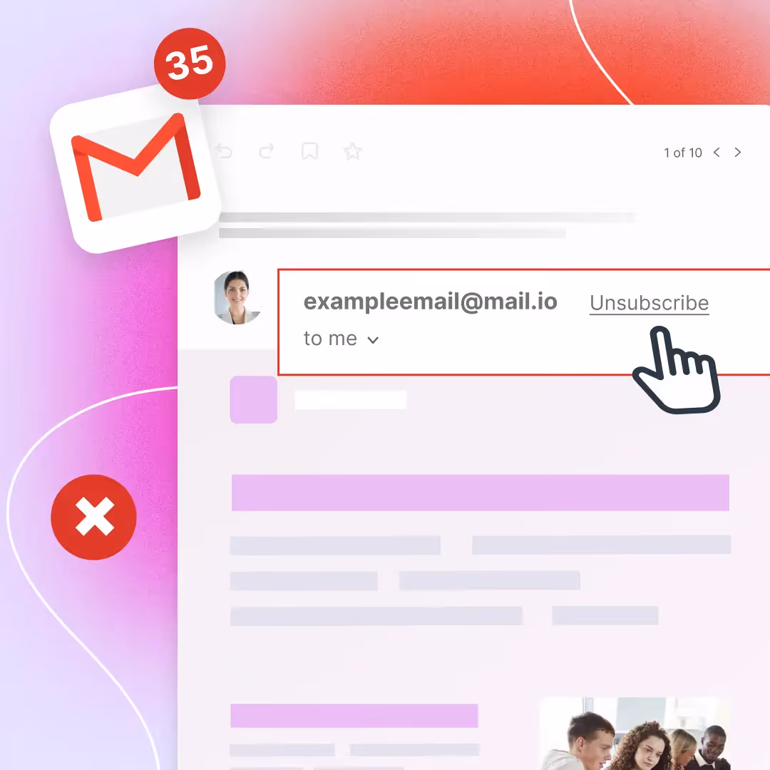 Illustration of a Gmail inbox with an unsubscribe button highlighted, representing guidance on Gmail’s unsubscribe tool for marketers.