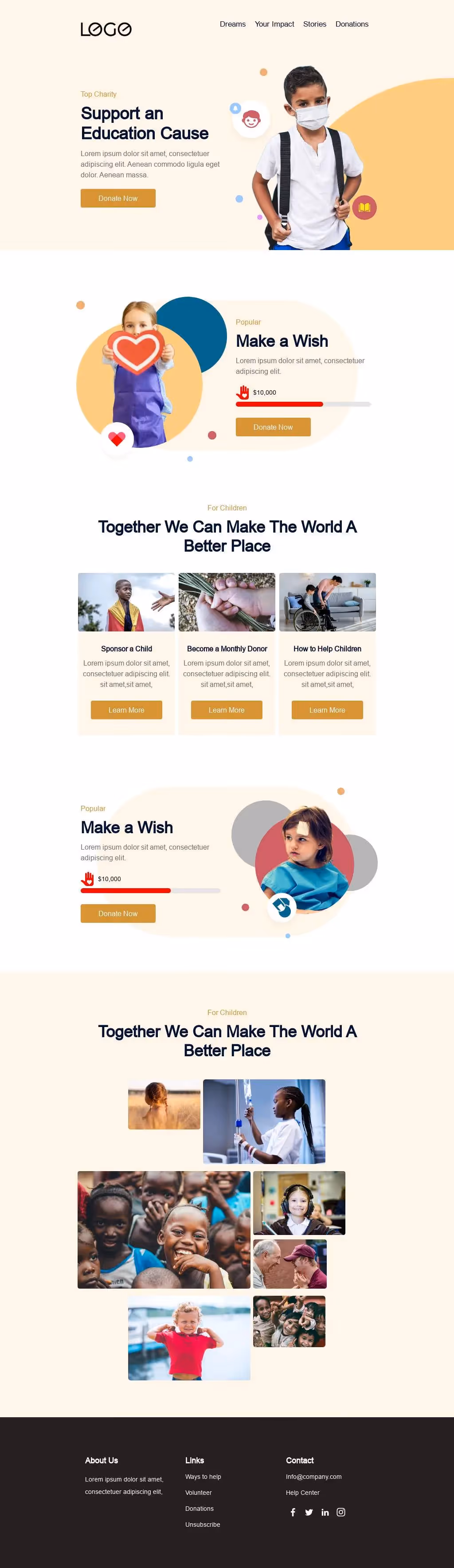Nonprofit email template promoting child-focused causes, donations, and volunteer opportunities with joyful child images.