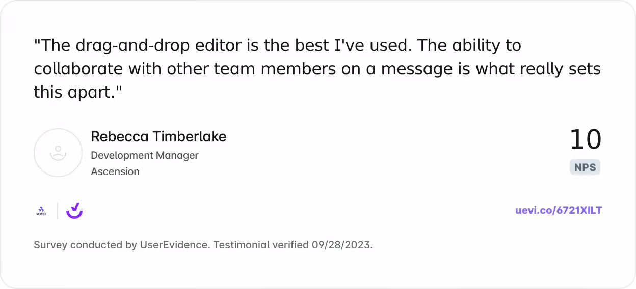 User praises Beefree’s drag-and-drop editor and real-time team collaboration features.
