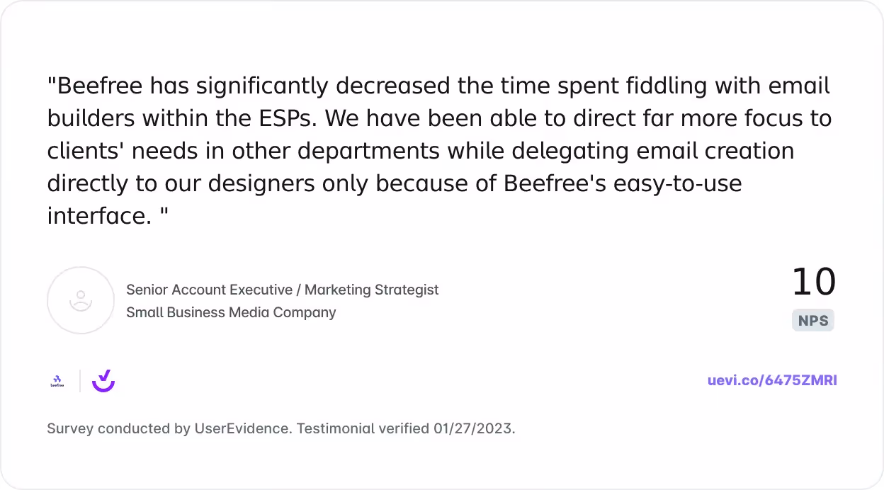 Beefree reduced time on ESPs and improved team focus with its easy-to-use email design interface.