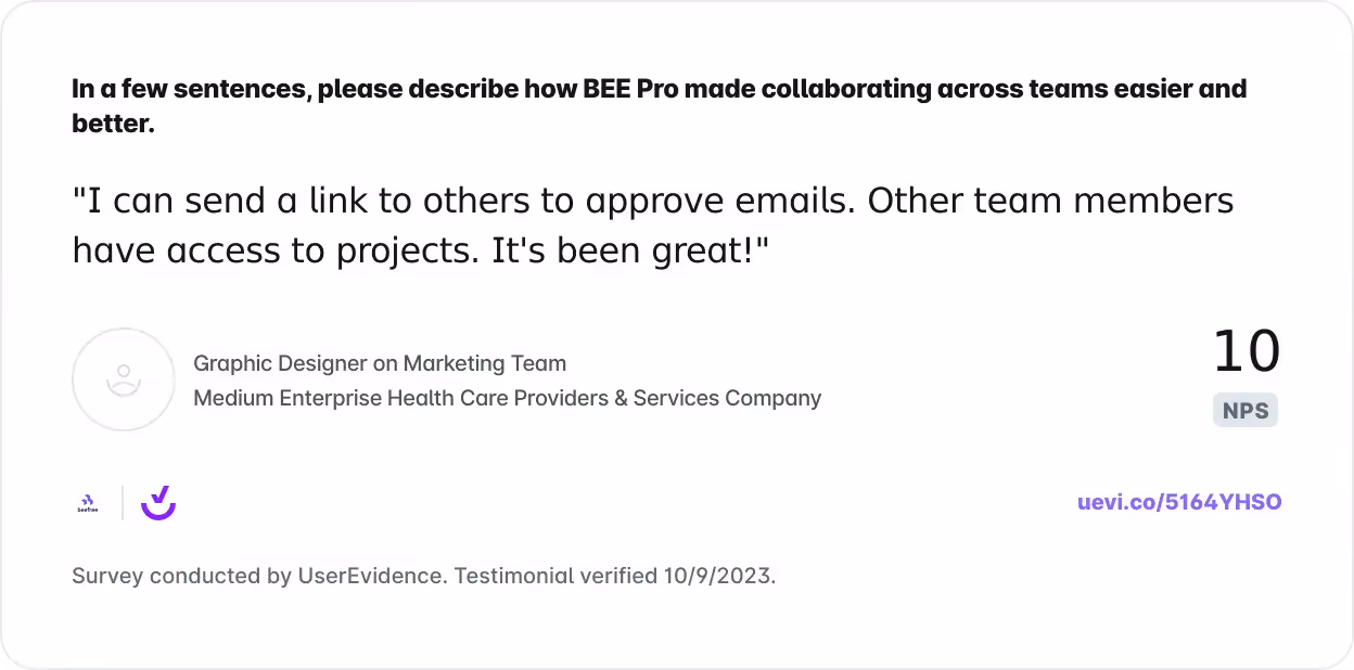 Designer shares how BEE Pro enables easy email approval and team project access via shared links.