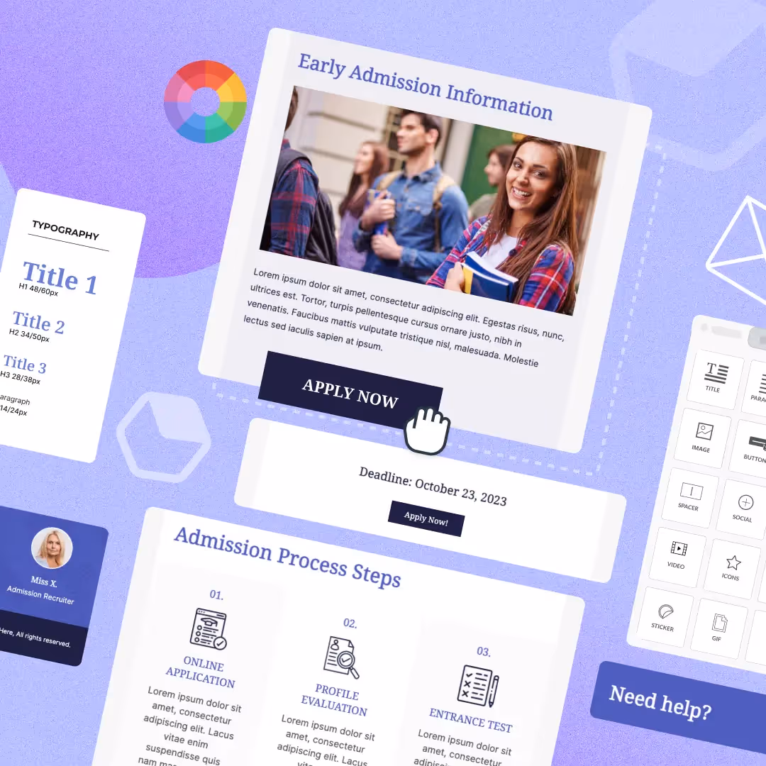 Illustrated email template showing early admission info, typography guide, and application steps for student welcome messages.