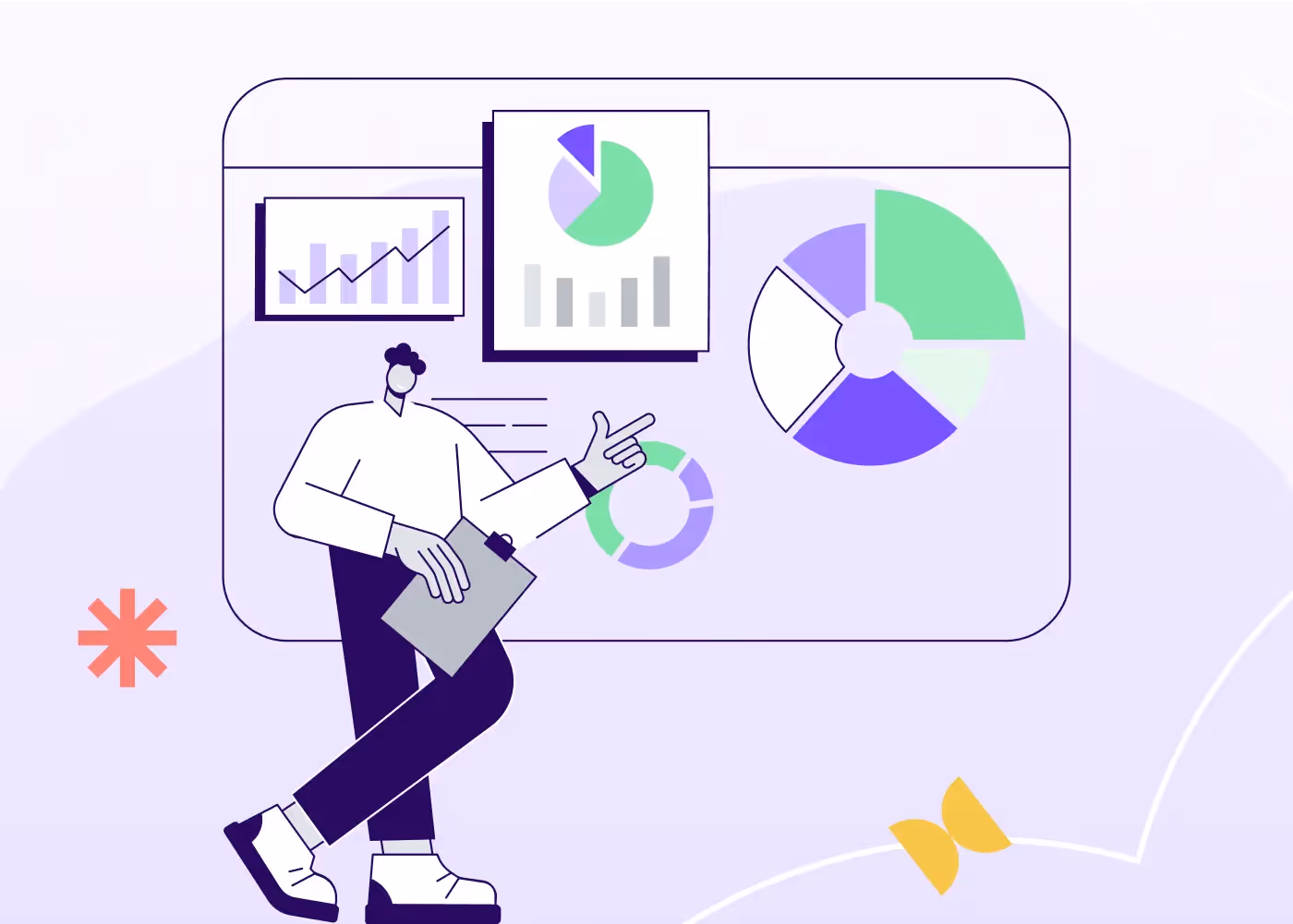Illustration of two marketers analyzing charts, graphs, and performance metrics on large screens for email marketing analysis.