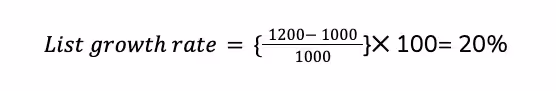 List growth rate example: Increase from 1,000 to 1,200 subscribers equals a 20% list growth rate.
