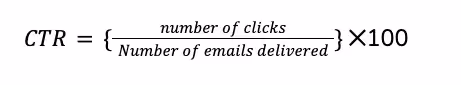 CTR formula showing clicks divided by emails delivered, multiplied by 100 to get click-through rate percentage.