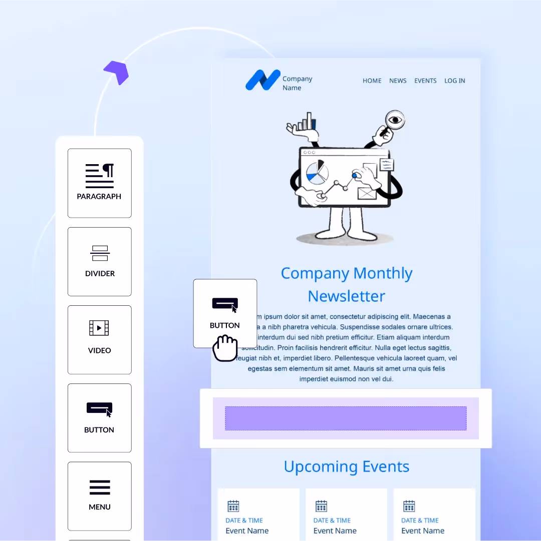 Drag-and-drop email newsletter editor with blocks (title, paragraph, list, image, button) and a live newsletter preview.