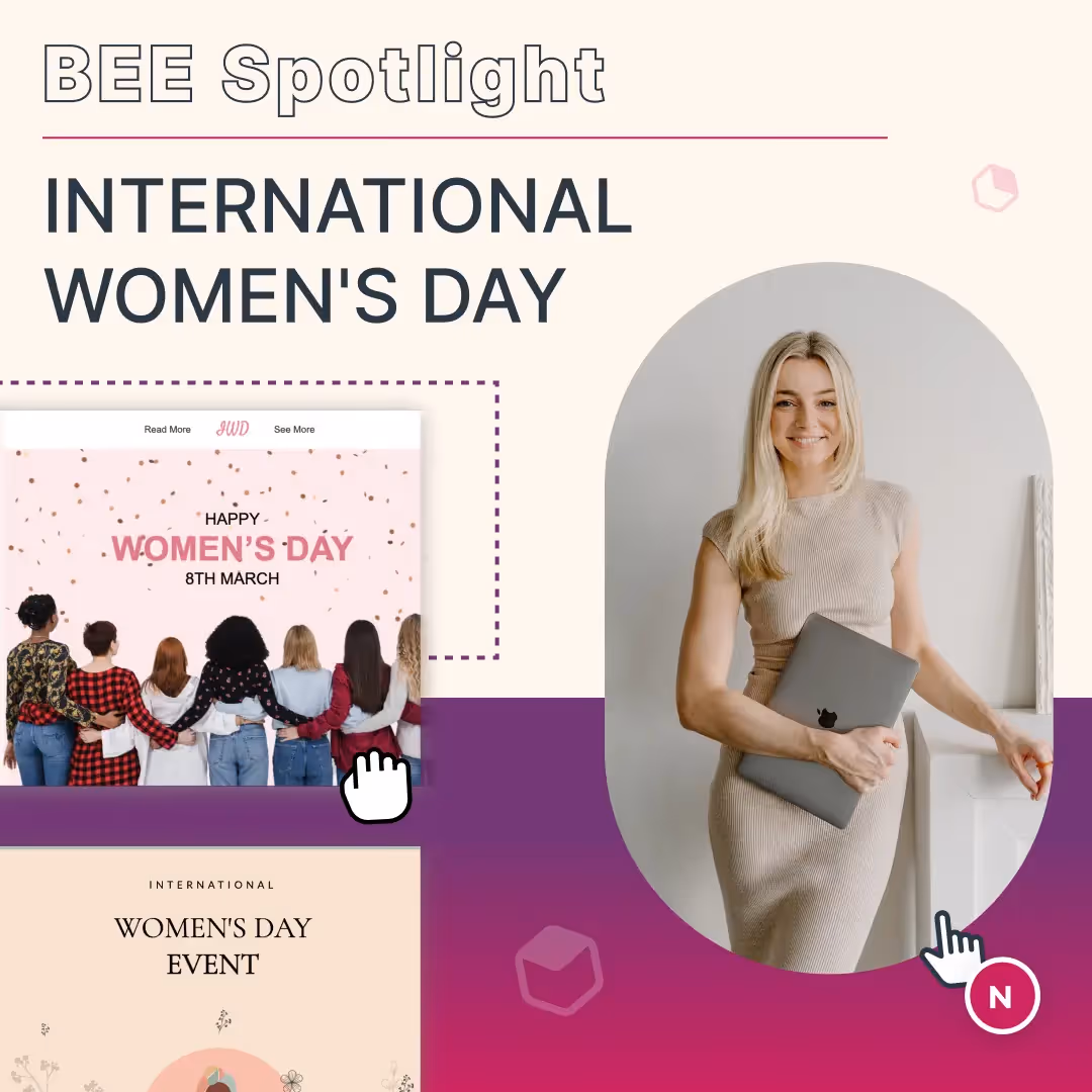 International Women’s Day spotlight: BEE Spotlight email templates and portrait of a smiling blonde woman holding a laptop