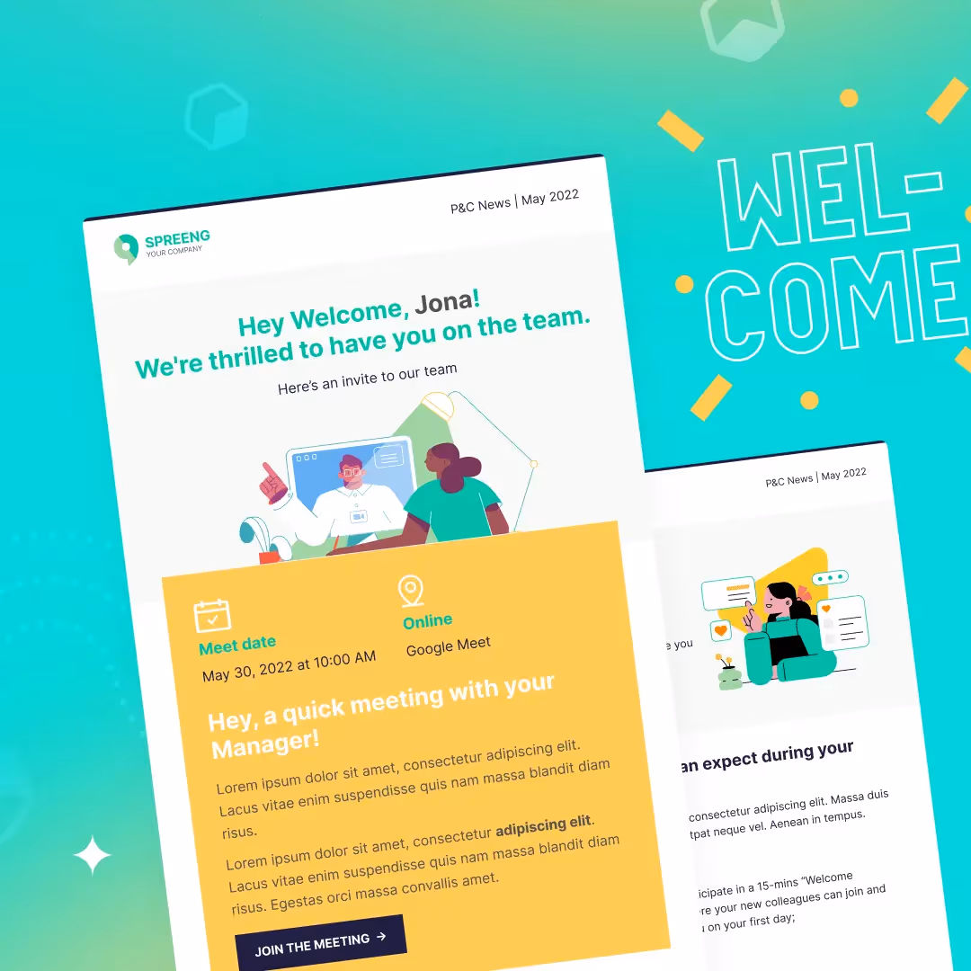 Colorful employee onboarding email with welcome text, meeting invite, and illustrations of diverse coworkers.