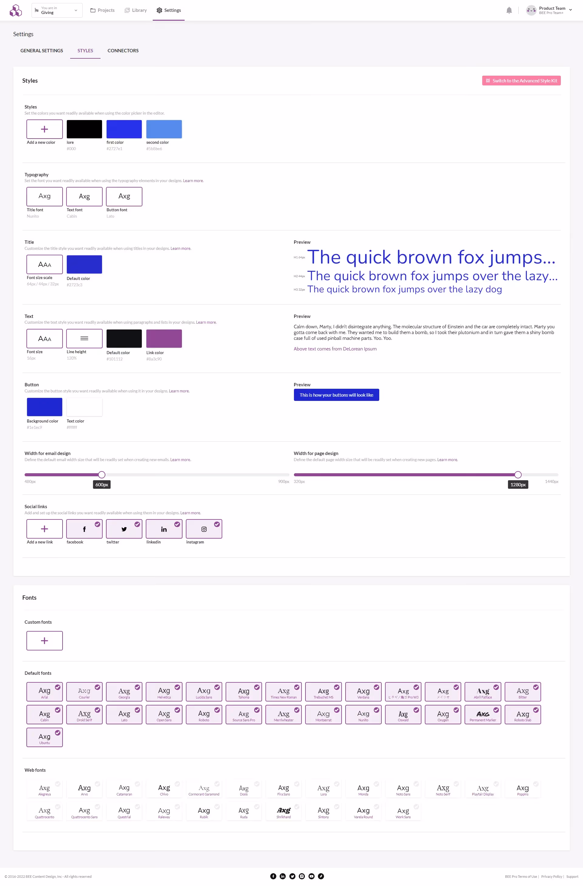 Style guidelines feature on BEE Pro Team Plan