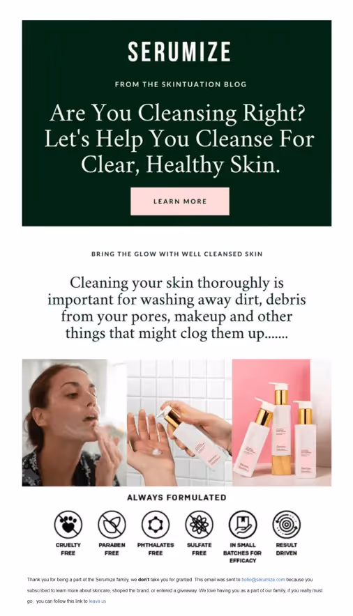 Serumize email newsletter example showcasing their latest blog on healthy skin