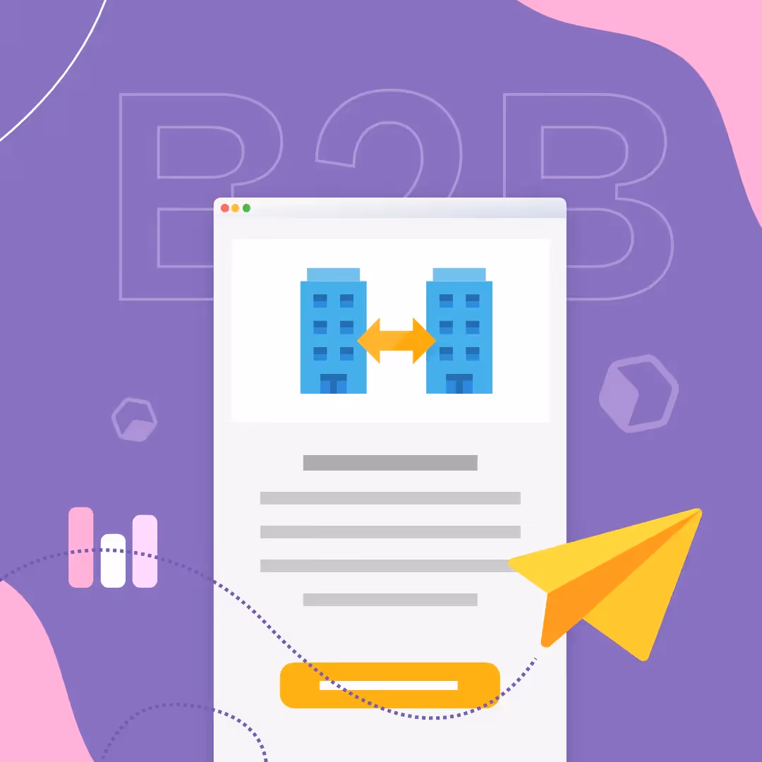 B2B email marketing illustration with two office buildings connected by an arrow, paper plane, and analytics icons on a purple background.