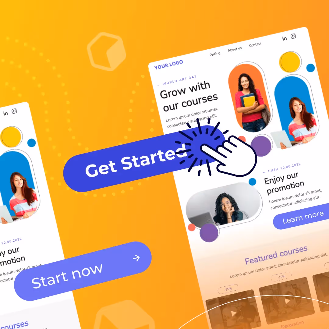 Orange-gradient email templates: ‘Grow with our courses’ desktop & mobile layouts, purple ‘Get Started’ button.