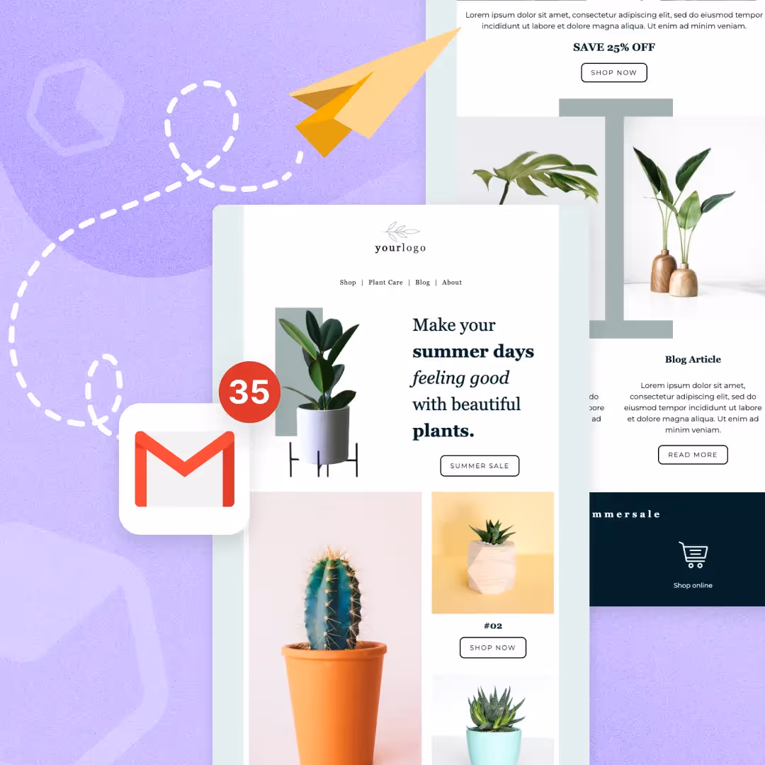 Lavender-themed Gmail mass email template featuring a “Make your summer days feeling good with beautiful plants” summer sale newsletter, potted plant images, a paper-airplane motif, and a Gmail icon with 35 unread messages.