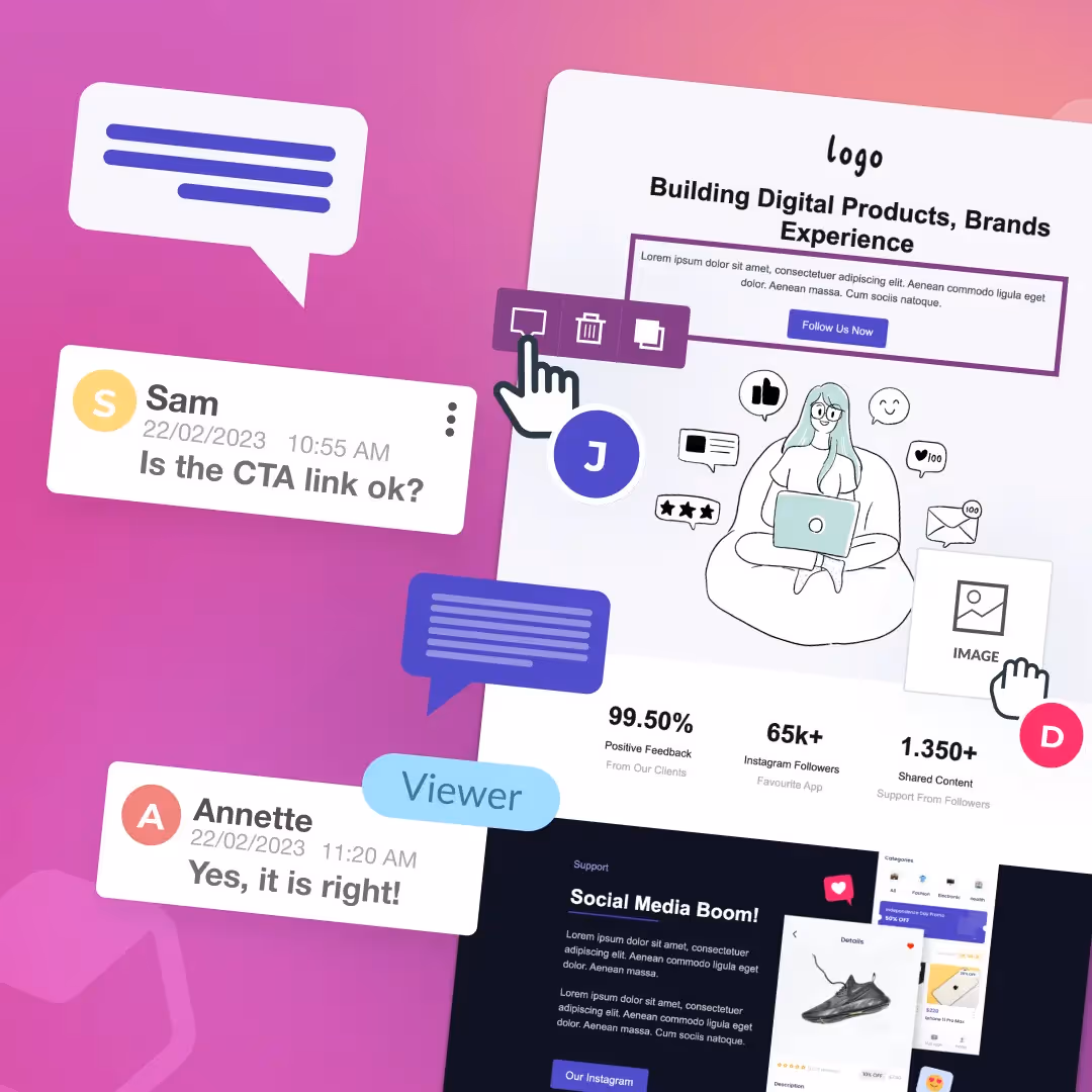 Illustration of remote design collaboration with chat bubbles, UI editing tools, and a sample webpage layout on a purple gradient background.