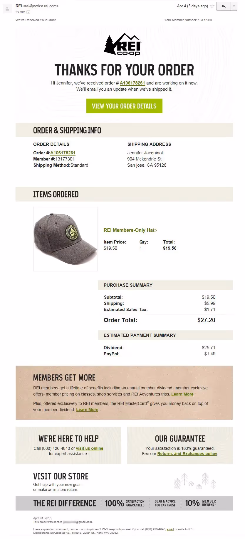 REI CO OP confirmation email examples