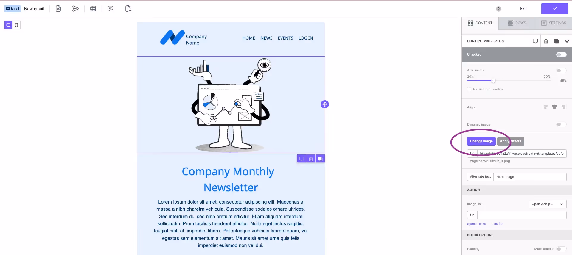 Beefree drag and drop email editor to build email newsletters: adding images