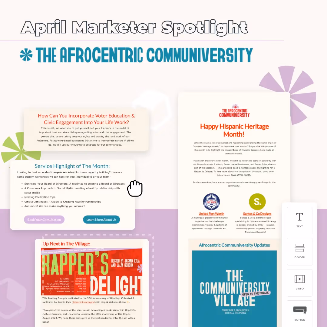 April Marketer Spotlight on The Afrocentric Communiversity featuring event promos and email highlights.