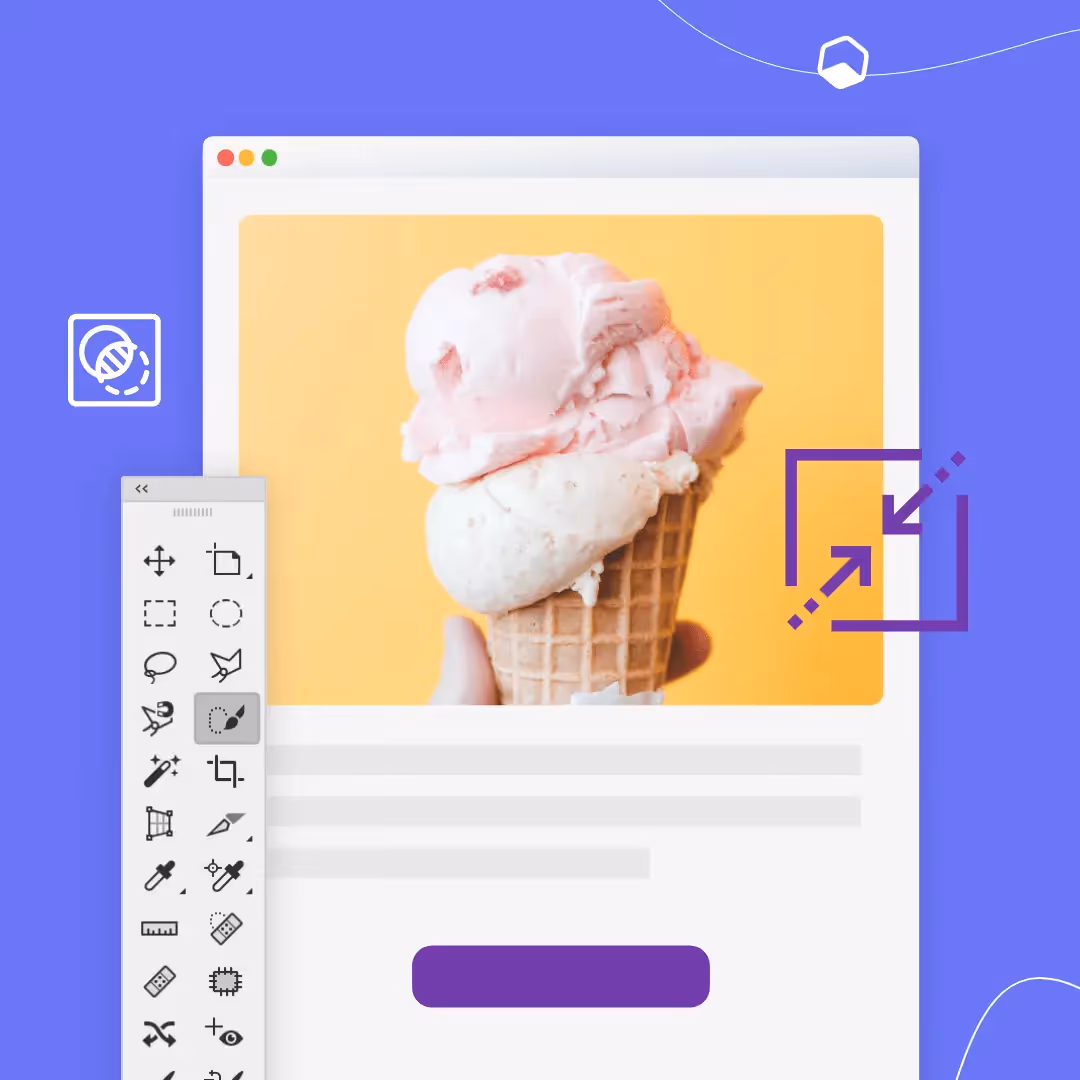 Illustration of ice cream photo editing with crop and resize icons, symbolizing tips to optimize images for email marketing campaigns.