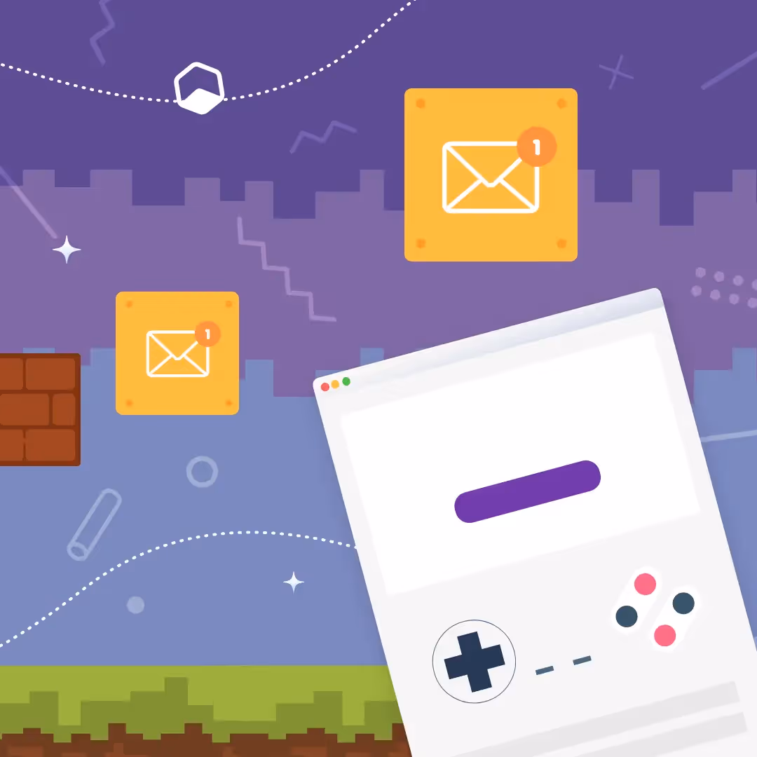 Gamified email marketing graphic: tilted smartphone with gamepad icons, notification envelopes, pixel-art brick and castle.