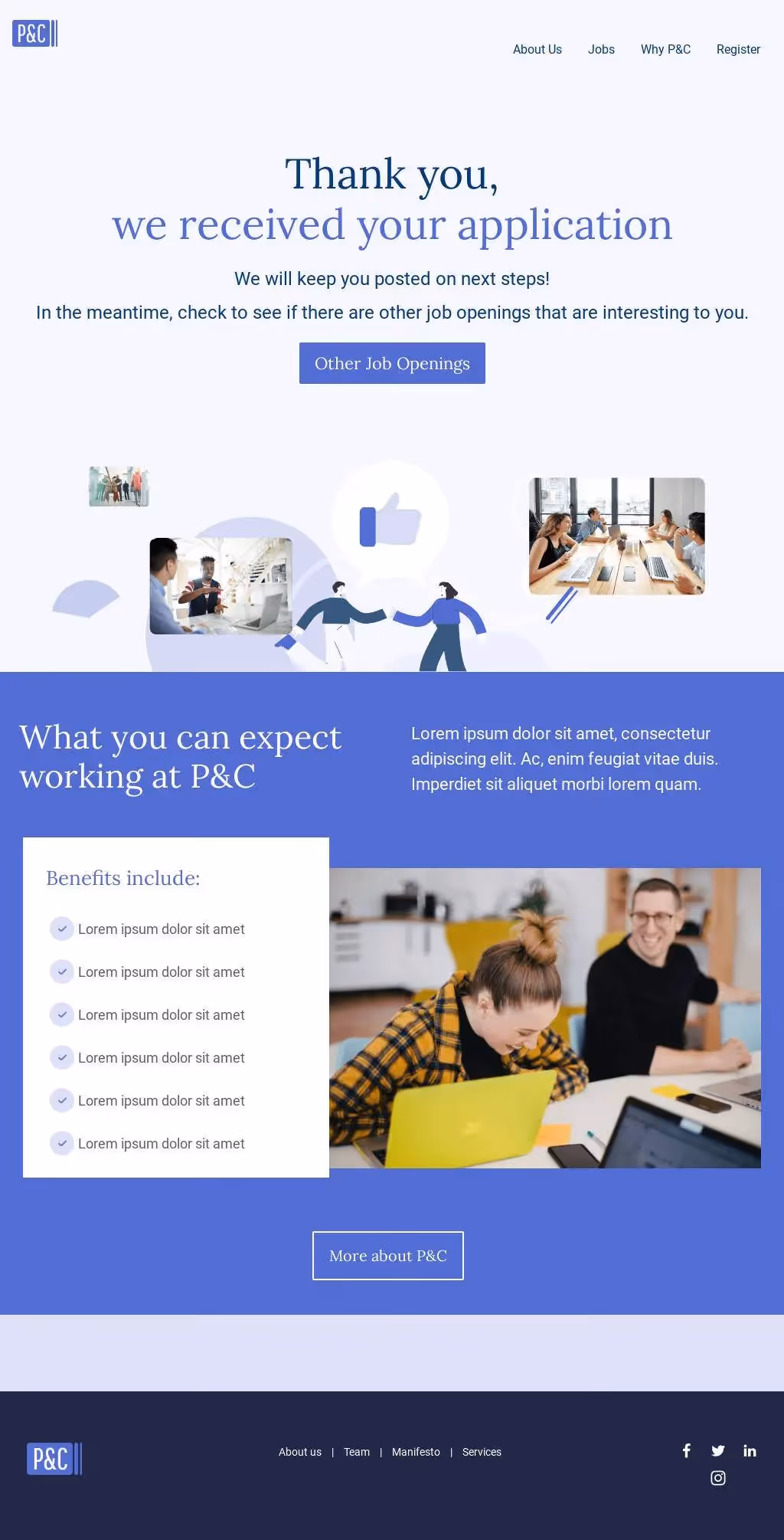 Job application confirmation page with benefits, team images, and a call-to-action for more openings at P&C.