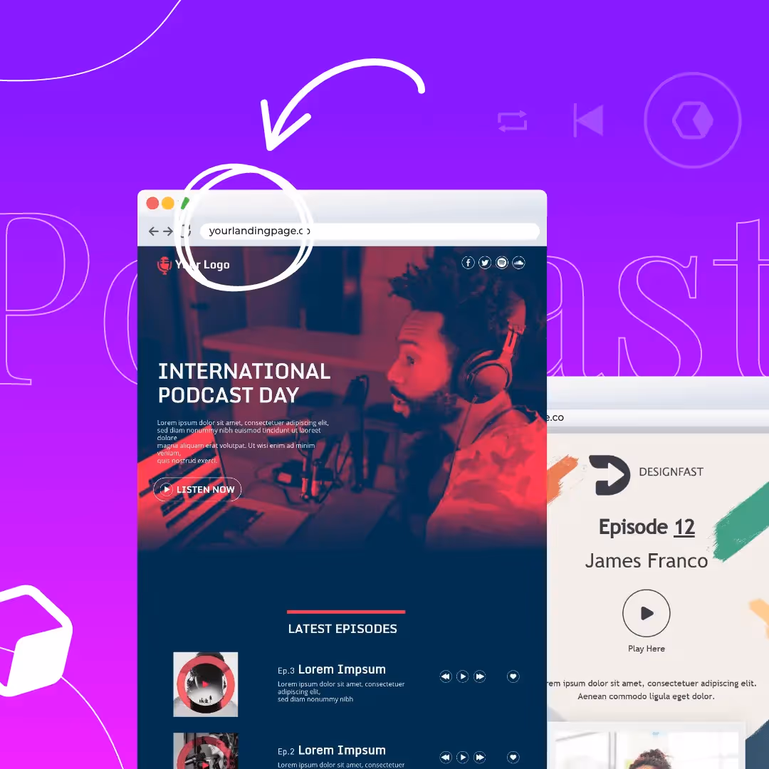 Podcast landing page mockup with a man wearing headphones and mic, promoting International Podcast Day on a bold purple background.