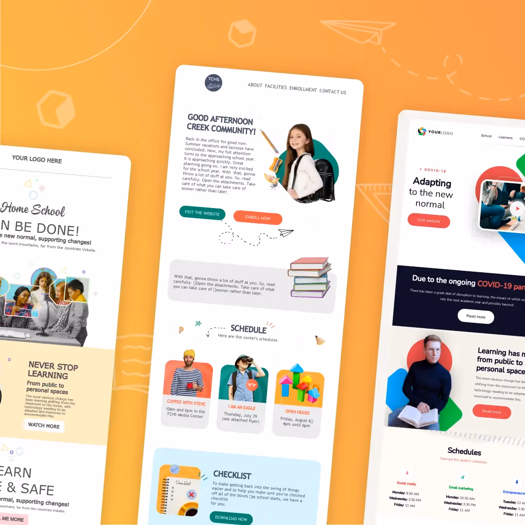 Three colorful school newsletter templates focused on remote learning, community updates, and adapting to post-COVID education changes.