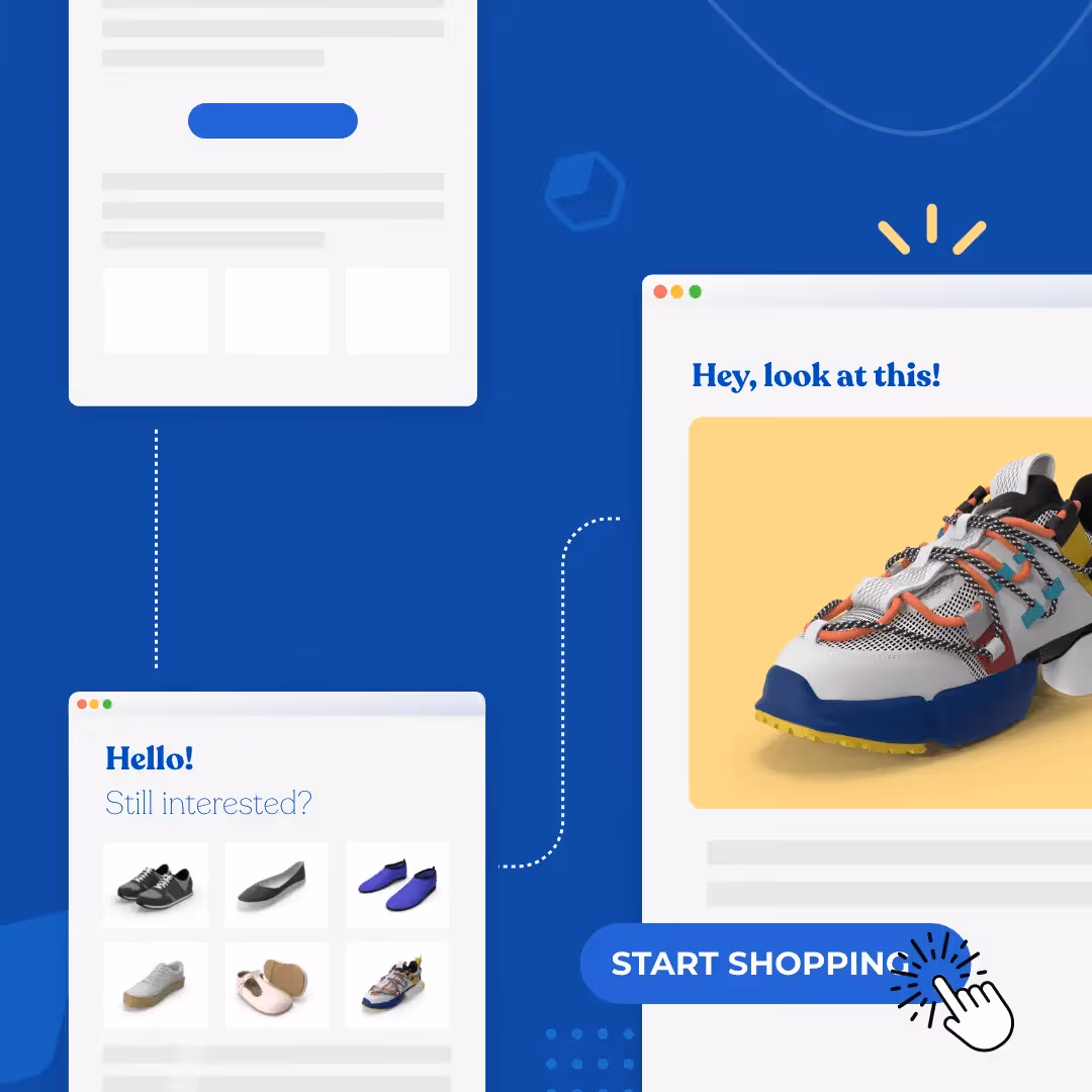 Blue transactional email mockups: abandoned-cart shoe grid leading to a sneaker email with Start Shopping CTA.