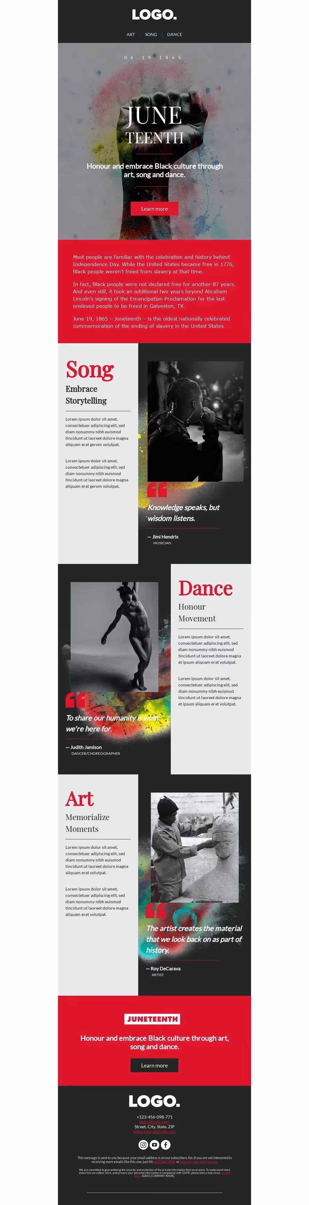 Juneteenth tribute email honoring Black culture through art, song, and dance with quotes, images, and historical context.