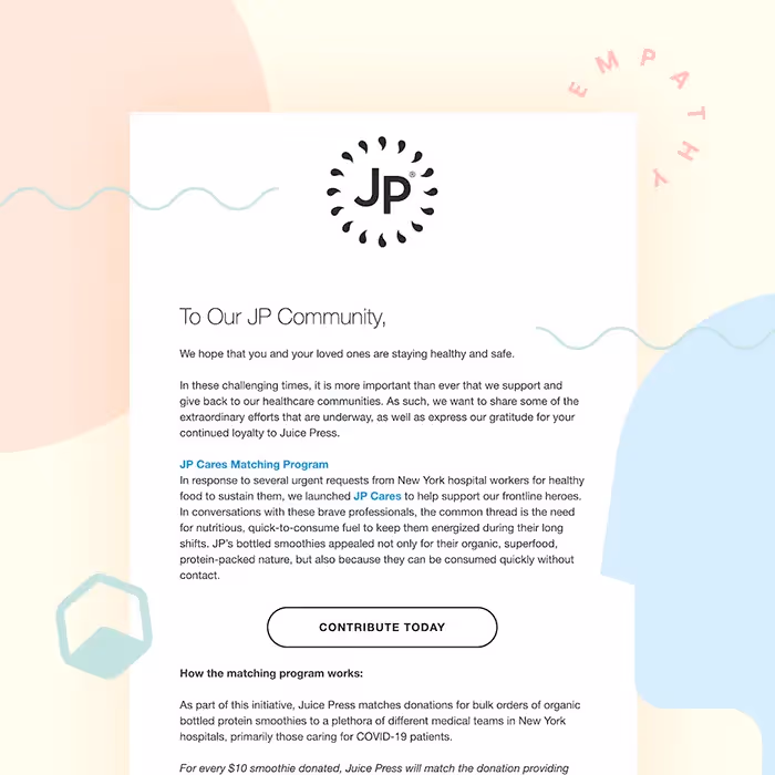 JP community email: panel with JP logo, “To Our JP Community” heading and supportive text over pastel shapes with an “Empathy” decorative tag