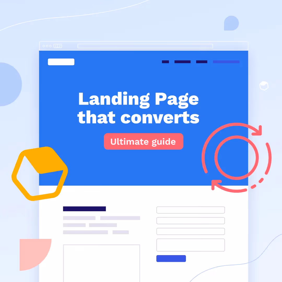 Blue browser mockup titled “Landing Page that converts” with a pink “Ultimate guide” CTA button and a circular arrow icon on a light background.