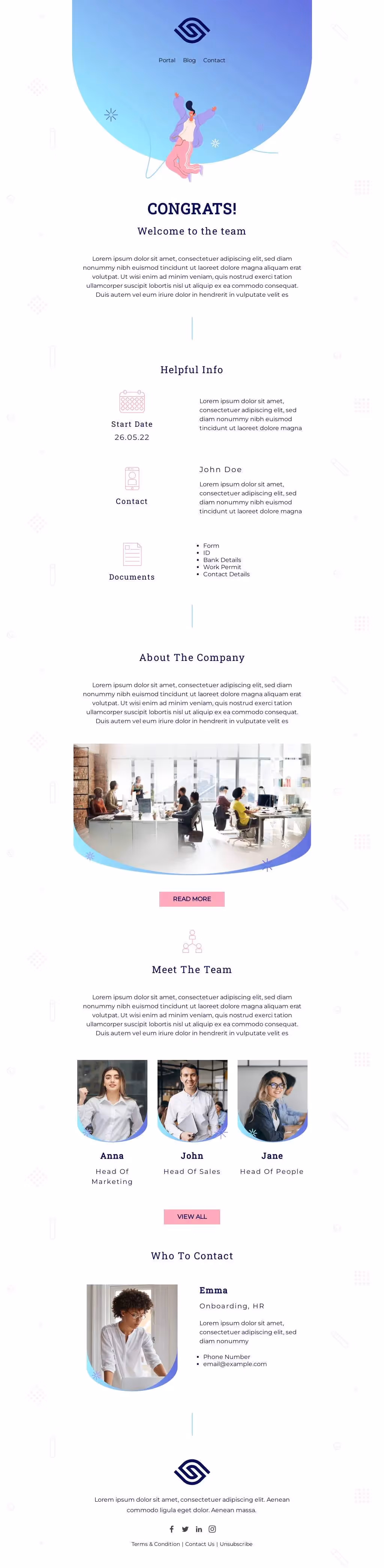 New hire welcome email with start date, company intro, team photos, and onboarding contact details.