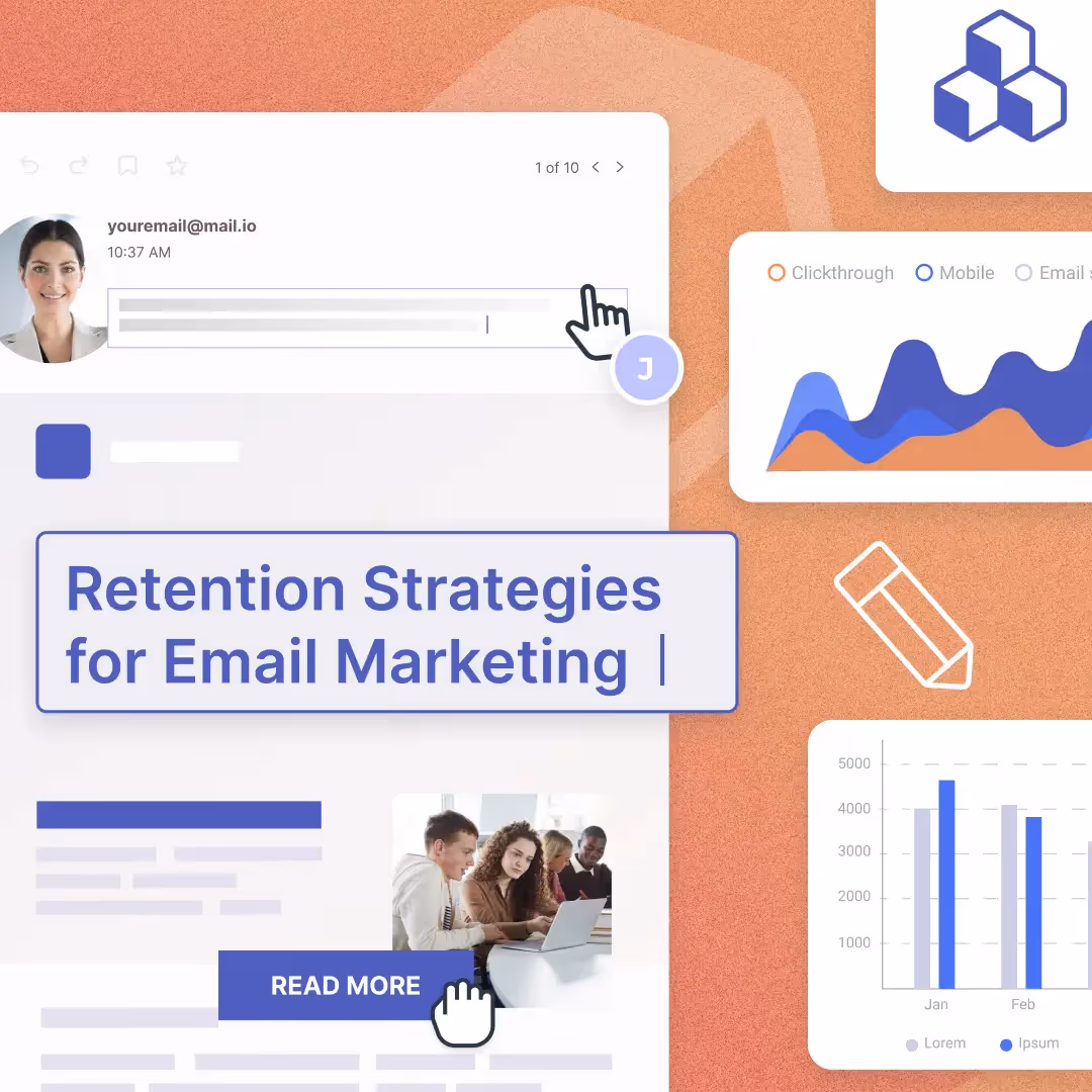 Email marketing visuals with charts, “Read More” CTA, and profile elements highlighting top 7 student retention strategies for engagement.