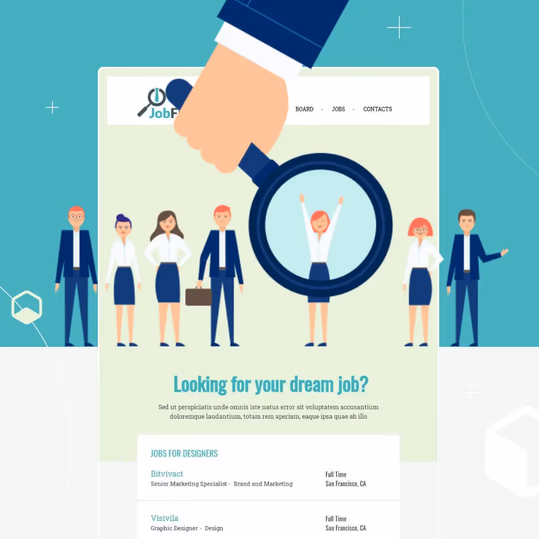 Hand holds magnifying glass over diverse professionals in front of a job-board webpage, highlighting one candidate