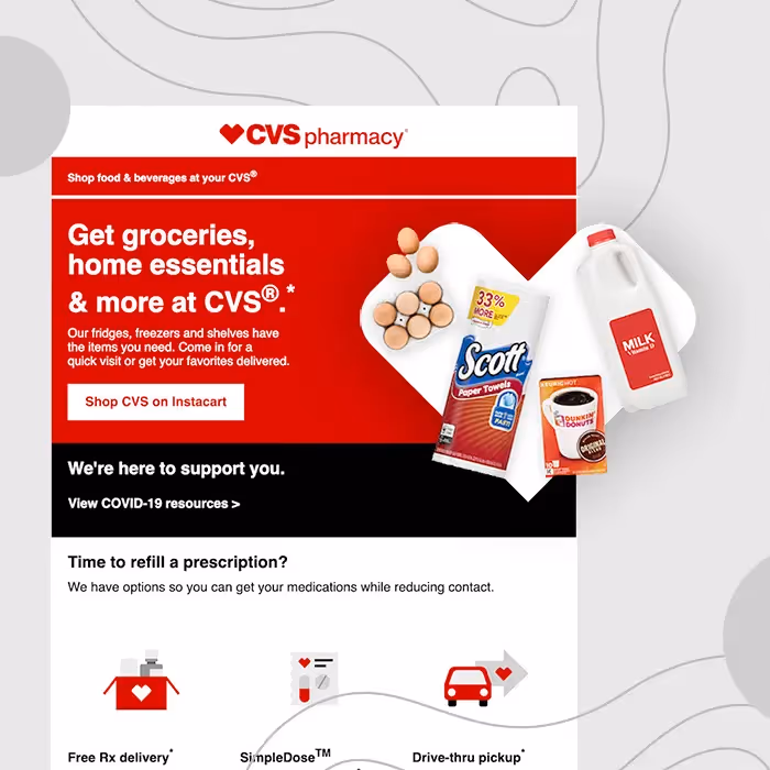 CVS email promo: red header “Get groceries, home essentials & more at CVS®”, Shop on Instacart button, products on grey bg