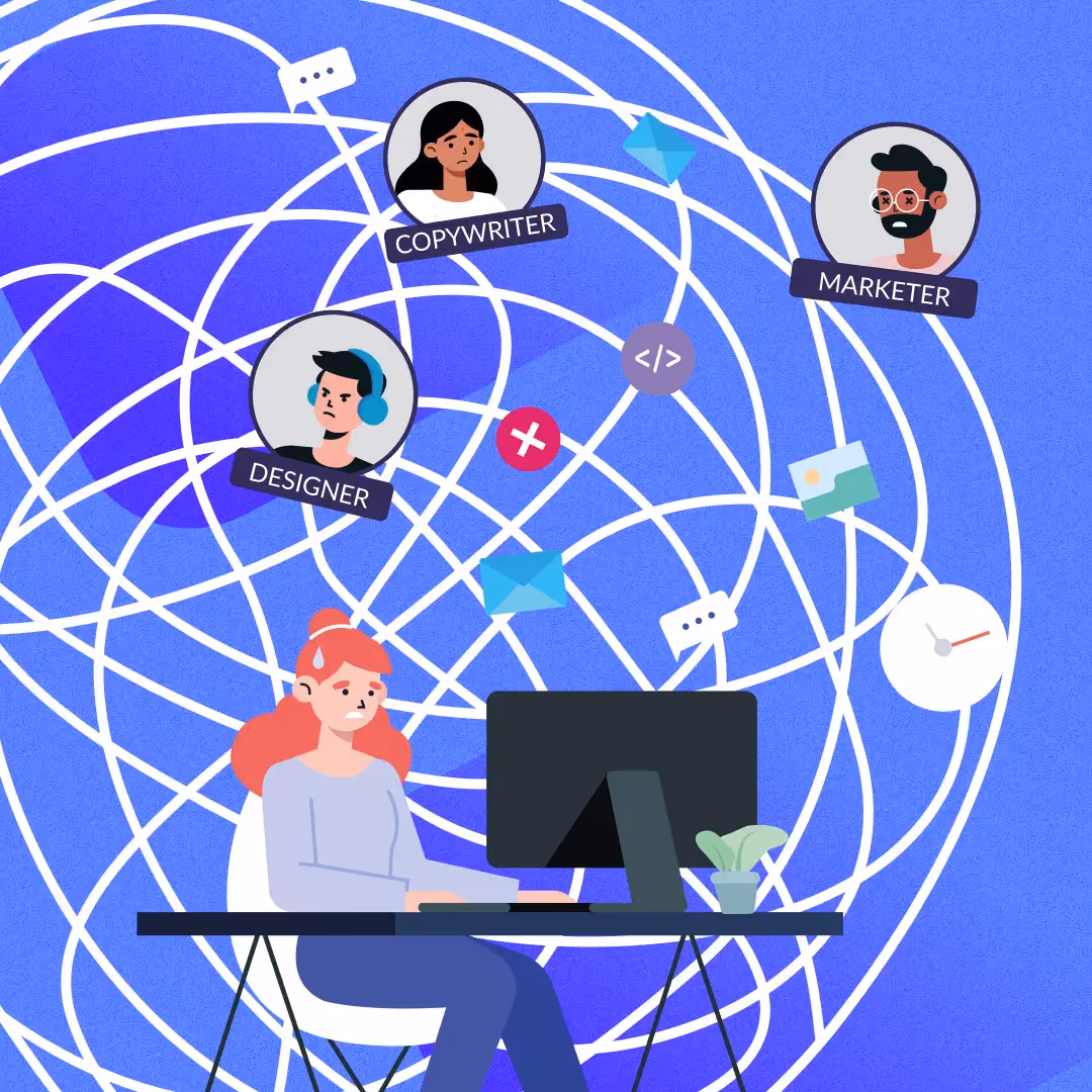 Illustration of a woman at a computer surrounded by team roles like designer, copywriter, and marketer, showing email workflow chaos.