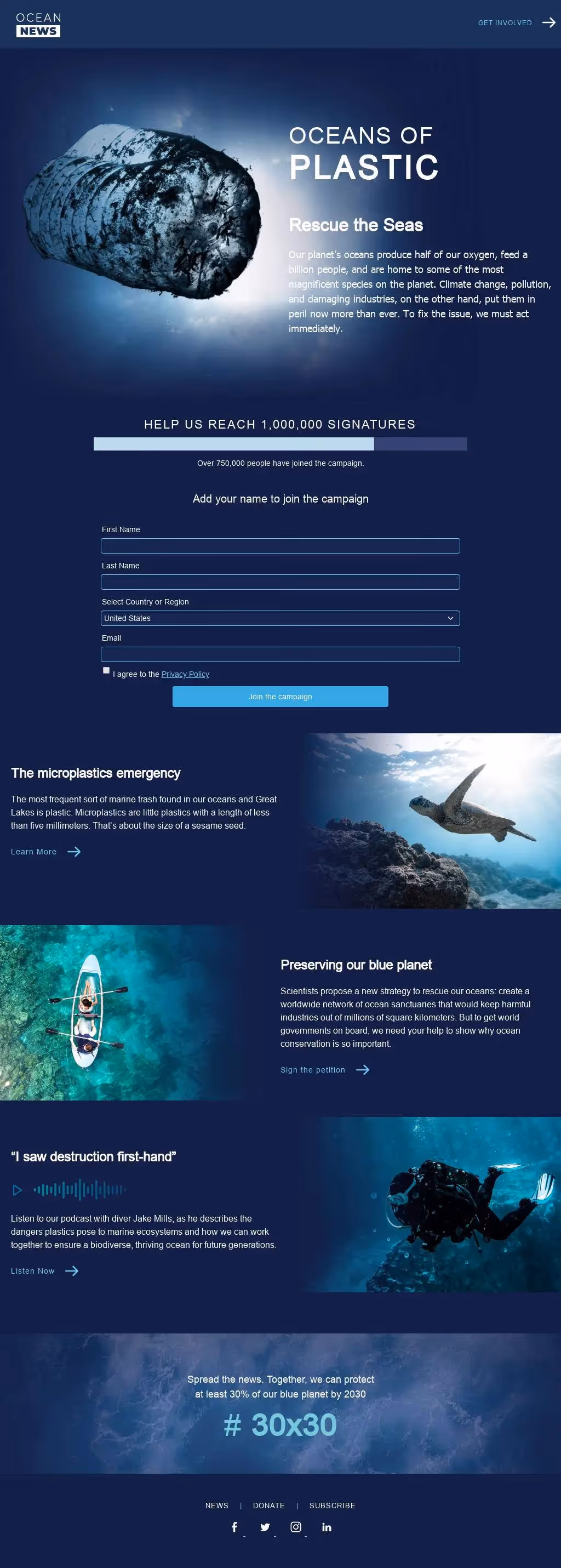 Ocean conservation campaign page urging support against plastic pollution, with sign-up form, facts, and underwater imagery.