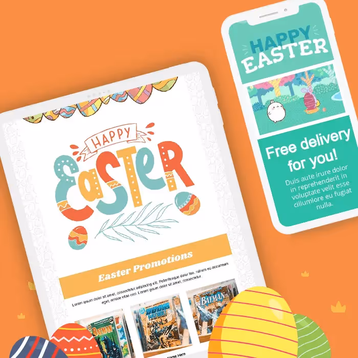 Colorful Easter email design with festive eggs and “Happy Easter” message on tablet and phone screens.