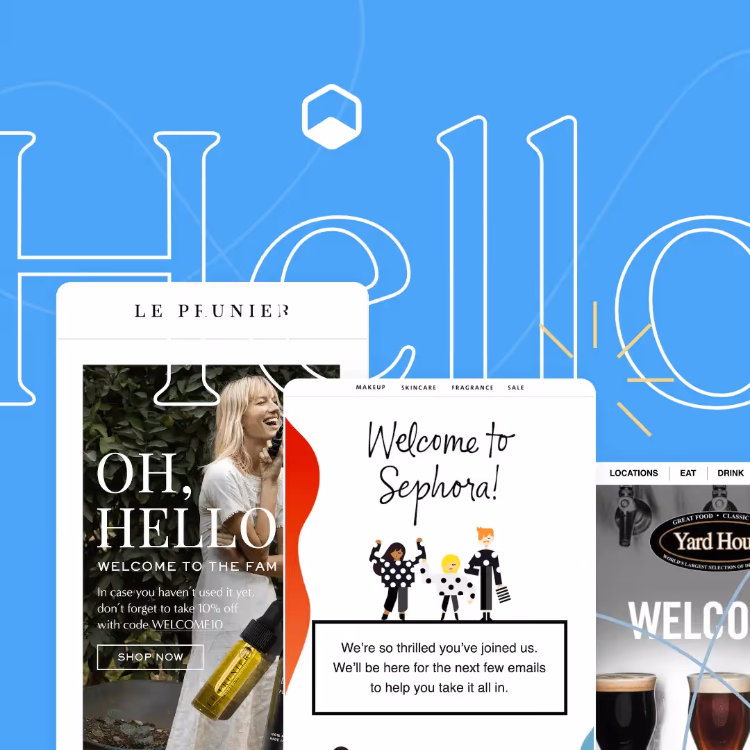 Examples of welcome email designs from brands like Le Prunier, Sephora, and Yard House, showcasing inspiring onboarding emails.