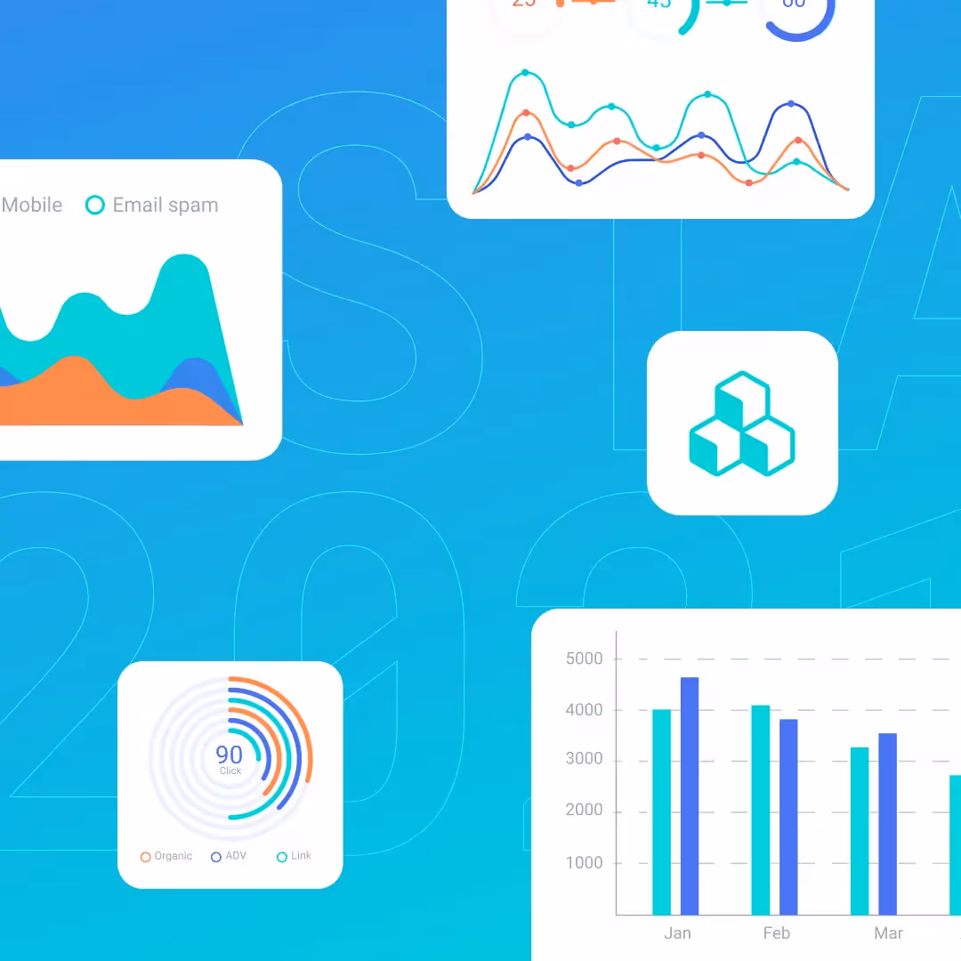 Colorful marketing statistics graphic with charts, graphs, and icons on a blue gradient background for 2021 data insights.