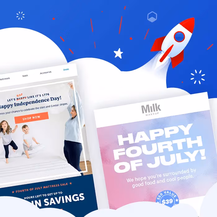 Split-screen of two 4th of July emails: bedding brand’s family-on-bed & pastel Milk Makeup template with rocket launch.