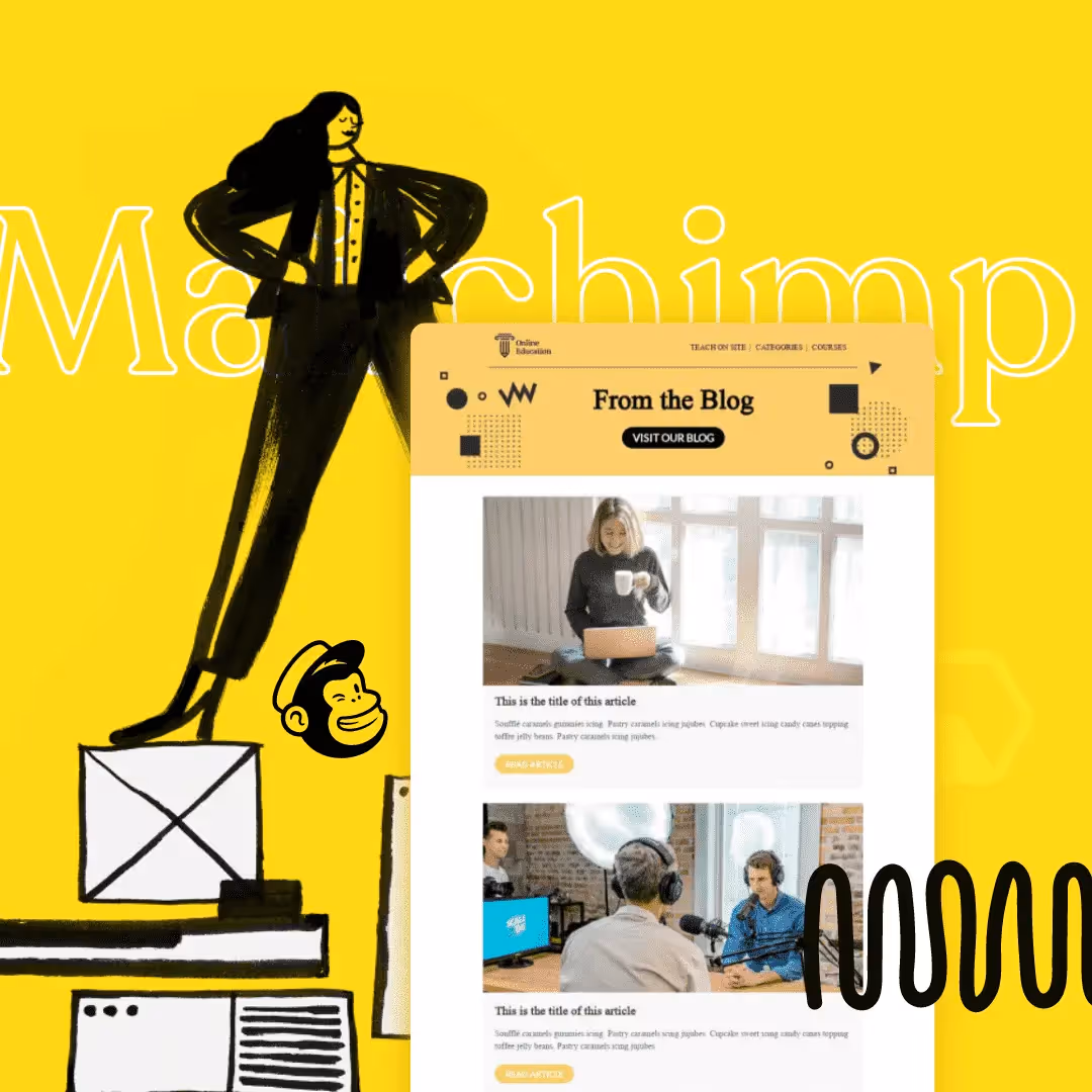 Yellow Mailchimp graphic: confident figure illustration, monkey logo, and “From the Blog” email newsletter preview.
