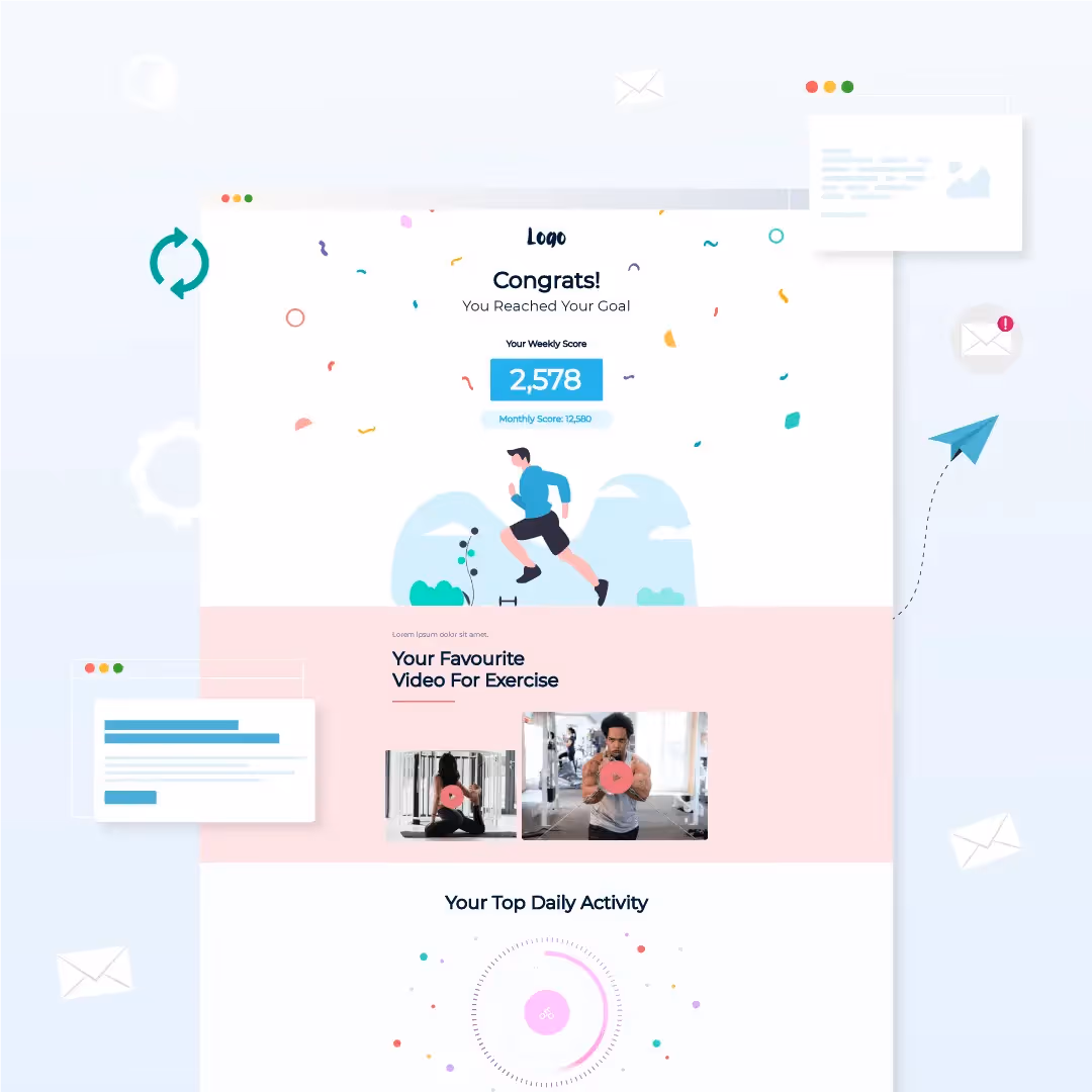 Re-engagement email design showing a congratulatory message with score stats and an illustration of a man running, surrounded by confetti.