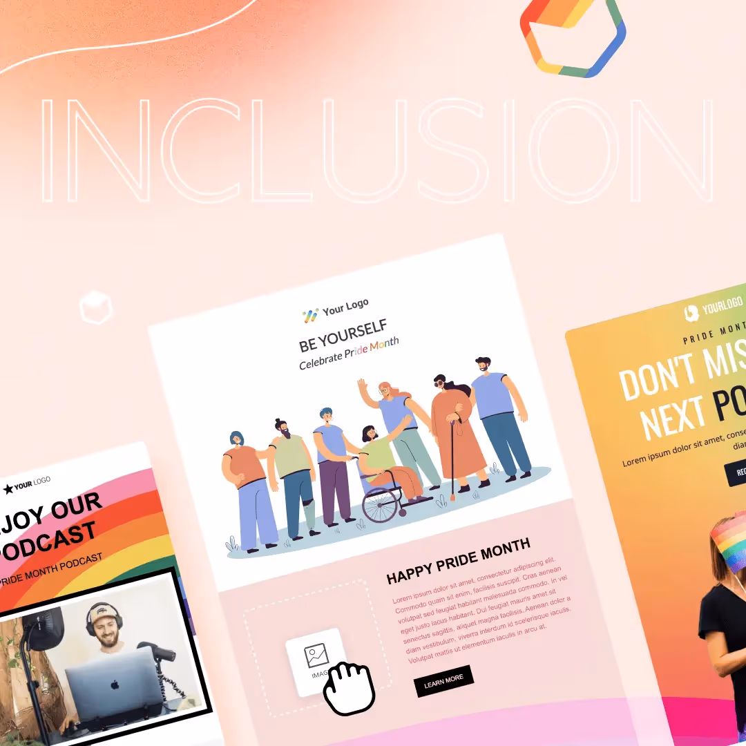 Inclusive email designs celebrating Pride Month with diverse illustrations, rainbow themes, and podcast promotions promoting diversity and representation.