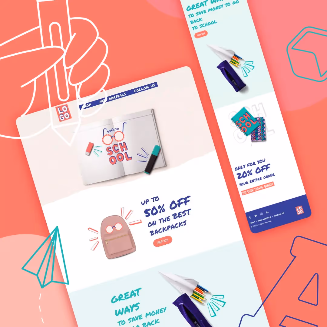 Back to school email ad with colorful supplies and text offering up to 50% off backpacks and 20% off orders.