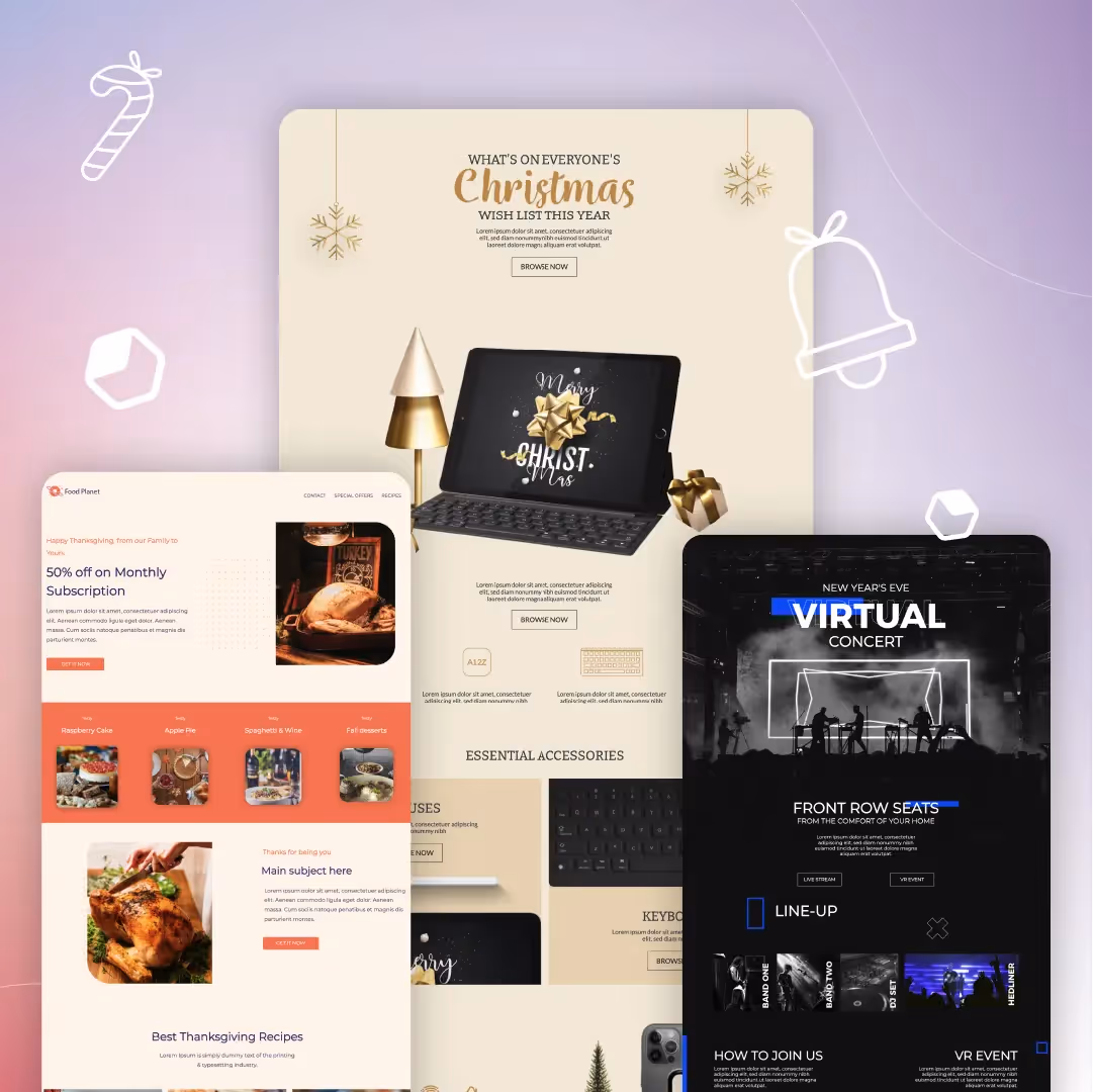 Examples of festive landing pages for Christmas, Thanksgiving, and New Year’s, featuring discounts, events, and gift promotions.