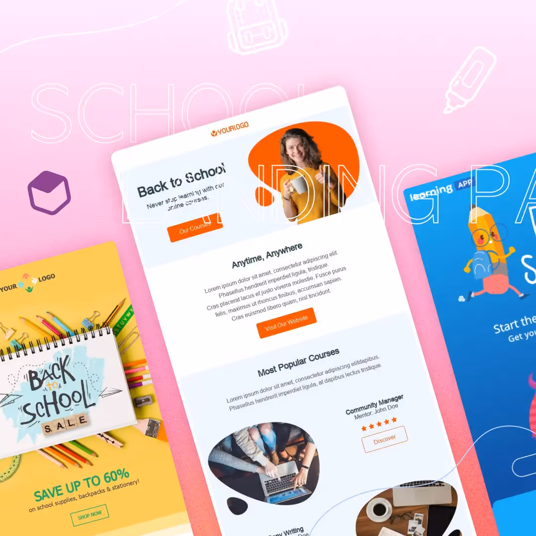 Colorful back-to-school email newsletter designs with sale and course promotions on a pink background.