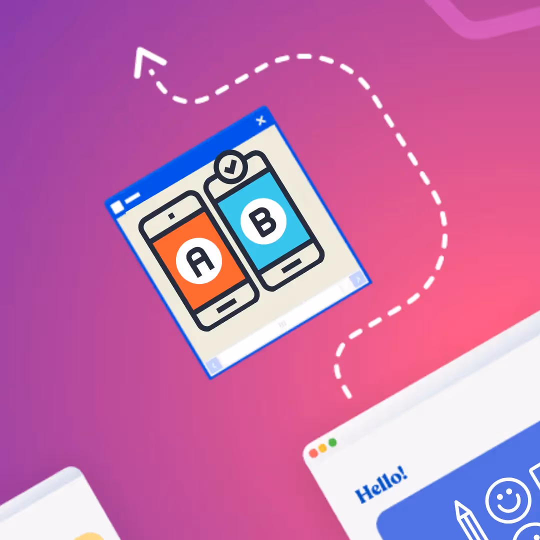 A/B testing concept with mobile screens and email windows on a vibrant background, symbolizing conversion design.